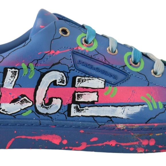 DOLCE & GABBANABlue Leather Sneakers Casual Handpainted Shoes - Picture 5 of 6